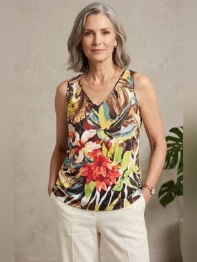 Chico's Tropical Orchid l V-Neck Tank - Brown Multi